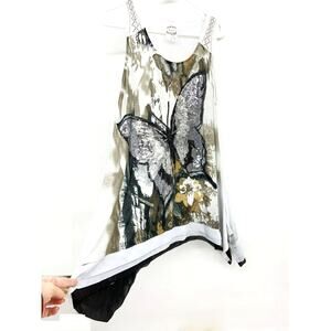 Flew De Lis Sequins Butterfly Sleeveless White & Black Top Size L